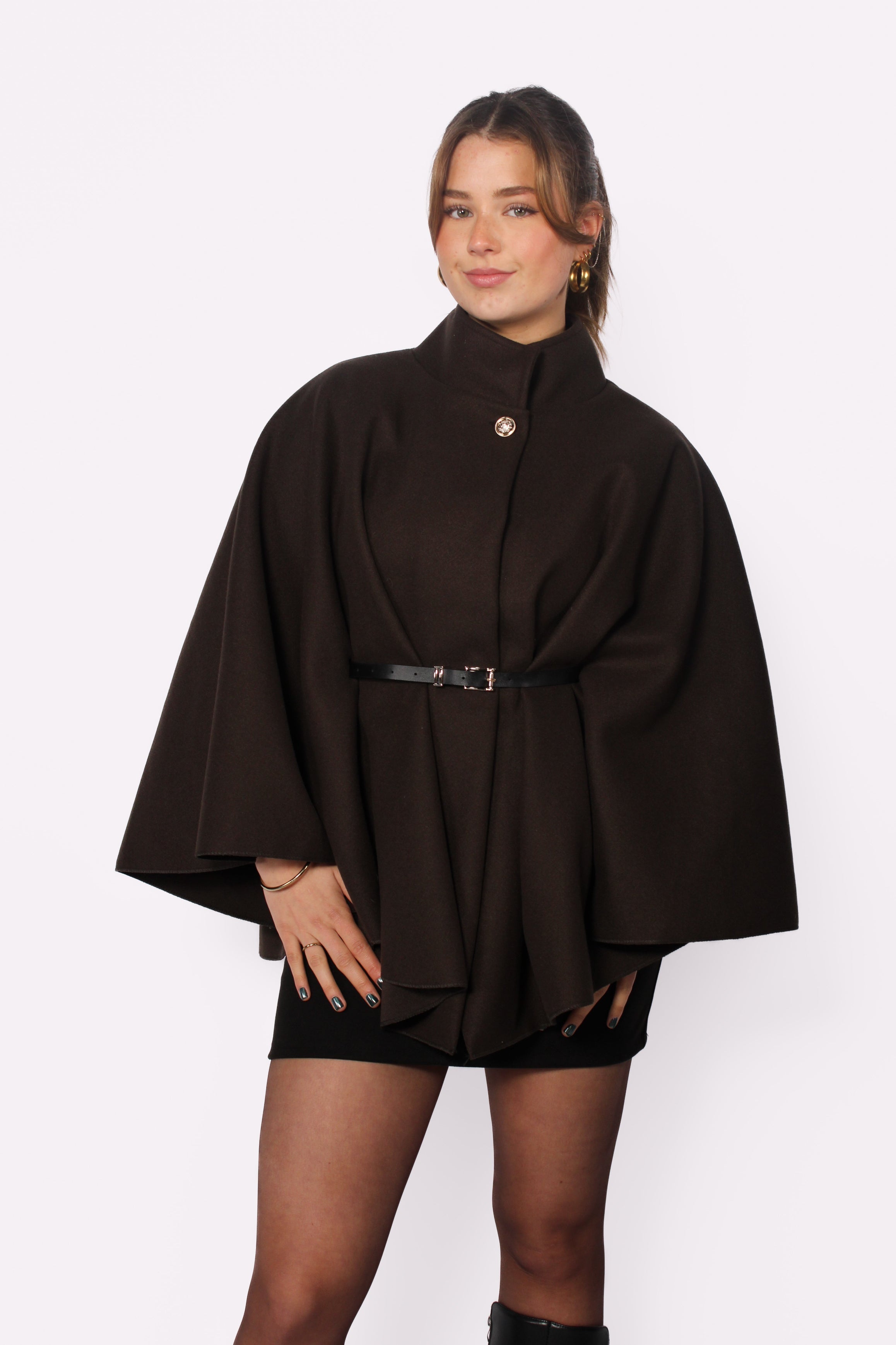 LONG PONCHO - DARK BROWN