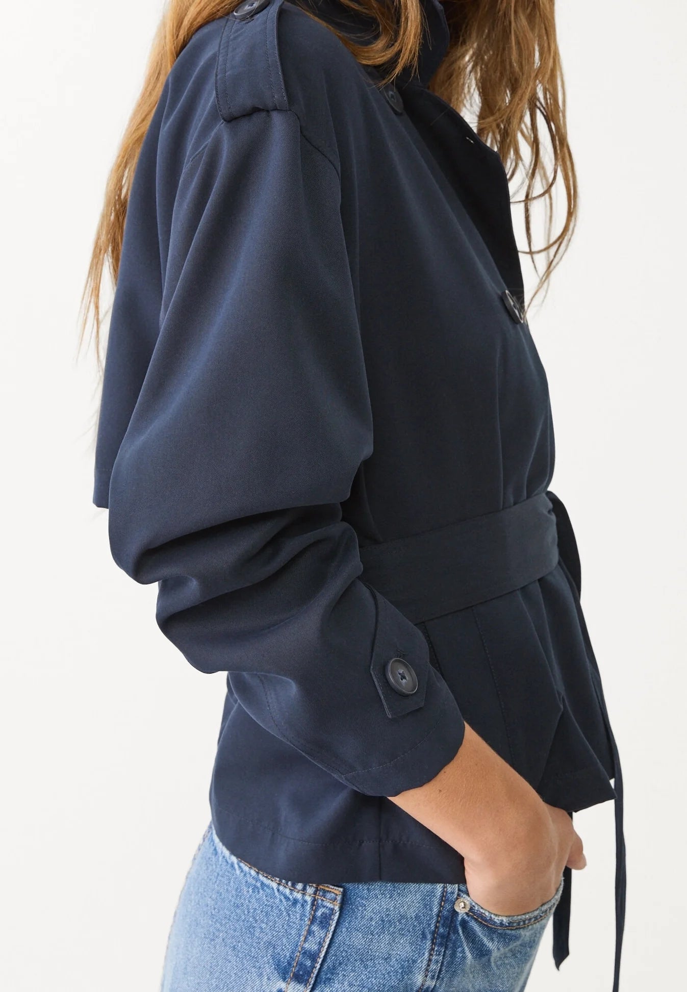 Short Trench Coat with Belt – Navy Blue
